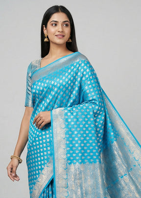 Blue Handloom Banarasi Pure Silk Saree With Blouse Piece