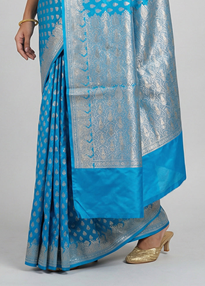 Blue Handloom Banarasi Pure Silk Saree With Blouse Piece