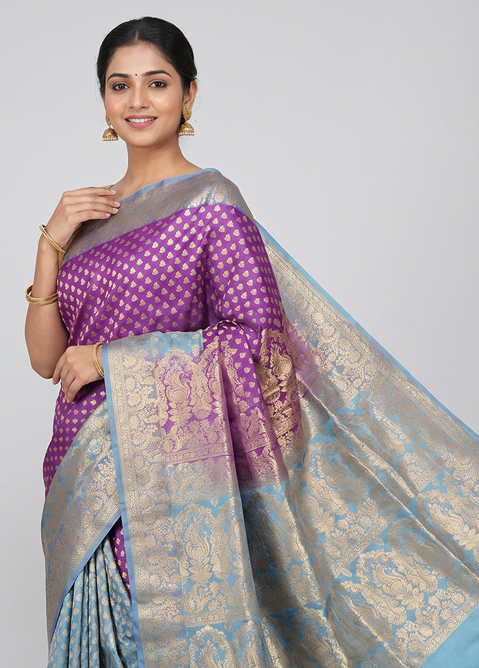 Purple Handloom Banarasi Pure Silk Saree With Blouse Piece