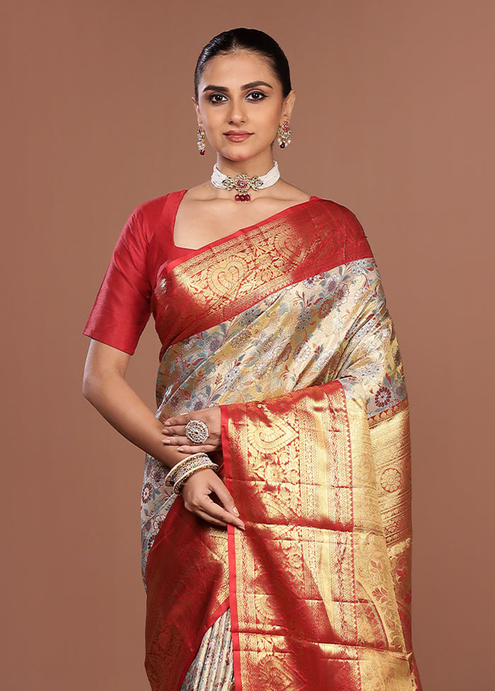 Cream Handloom Kanchipuram Pure Silk Saree With Blouse Piece