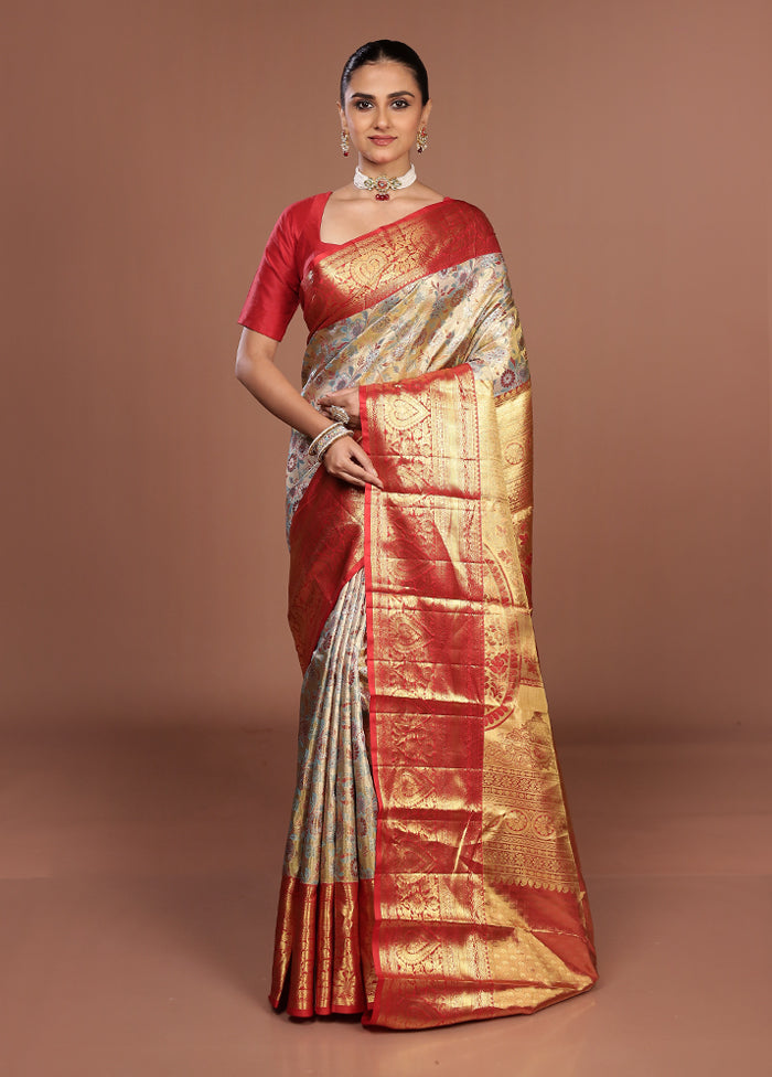 Cream Handloom Kanchipuram Pure Silk Saree With Blouse Piece