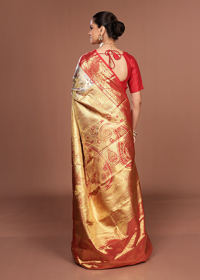 Cream Handloom Kanchipuram Pure Silk Saree With Blouse Piece
