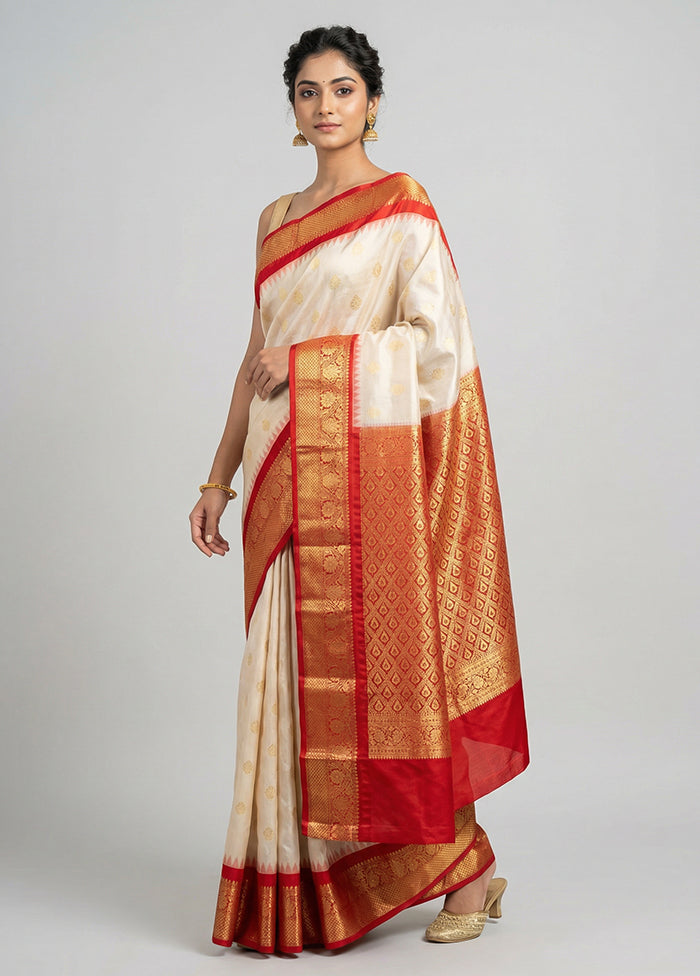 Cream Handloom Kanchipuram Pure Silk Saree With Blouse Piece