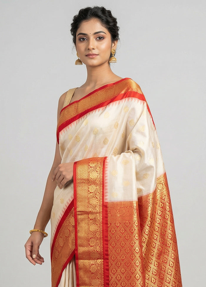 Cream Handloom Kanchipuram Pure Silk Saree With Blouse Piece