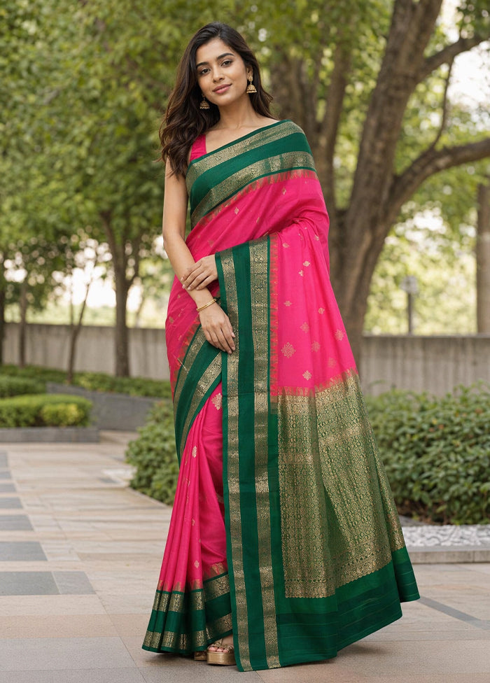 Pink Handloom Kanchipuram Pure Silk Saree With Blouse Piece
