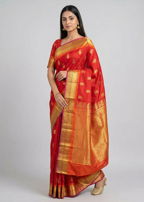 Red Handloom Kanchipuram Pure Silk Saree With Blouse Piece