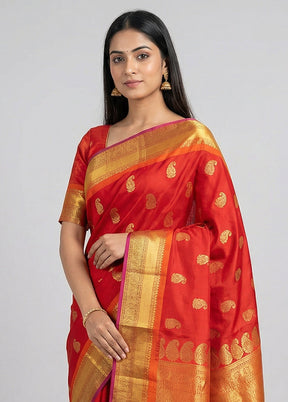 Red Handloom Kanchipuram Pure Silk Saree With Blouse Piece
