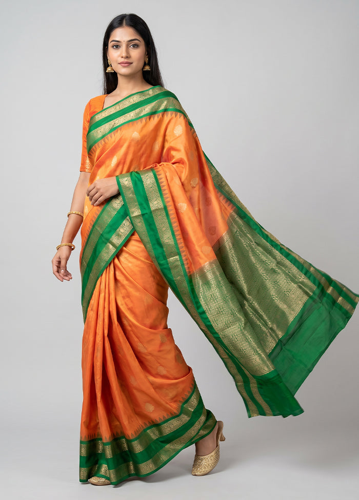 Orange Handloom Kanchipuram Pure Silk Saree With Blouse Piece