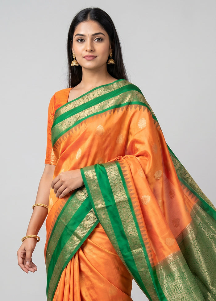 Orange Handloom Kanchipuram Pure Silk Saree With Blouse Piece