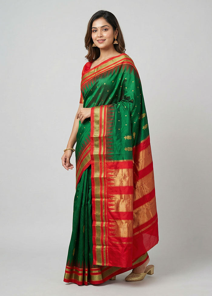 Green Handloom Kanjivaram Pure Silk Saree With Blouse Piece