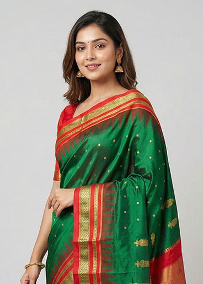 Green Handloom Kanjivaram Pure Silk Saree With Blouse Piece