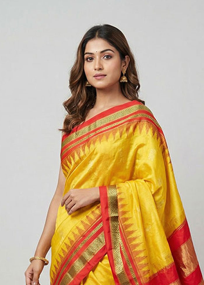 Yellow Handloom Kanjivaram Pure Silk Saree With Blouse Piece