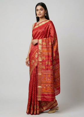 Red Printed Silk Saree Without Blouse Piece