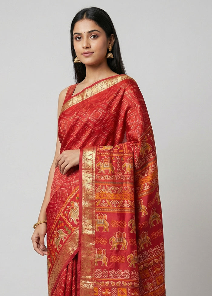 Red Printed Silk Saree Without Blouse Piece