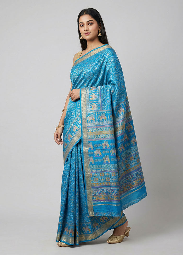 Blue Printed Silk Saree Without Blouse Piece