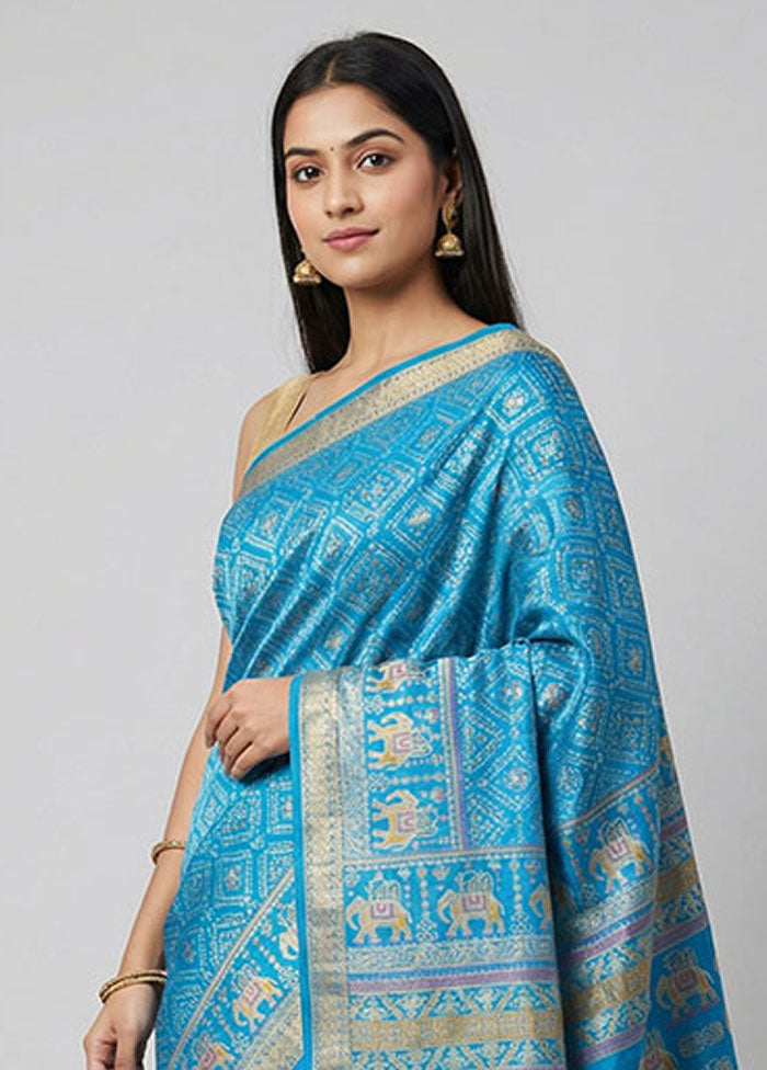 Blue Printed Silk Saree Without Blouse Piece
