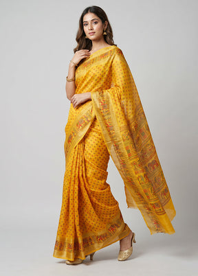 Yellow Printed Silk Saree Without Blouse Piece