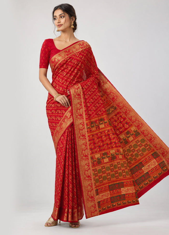 Red Printed Pure Silk Saree Without Blouse Piece