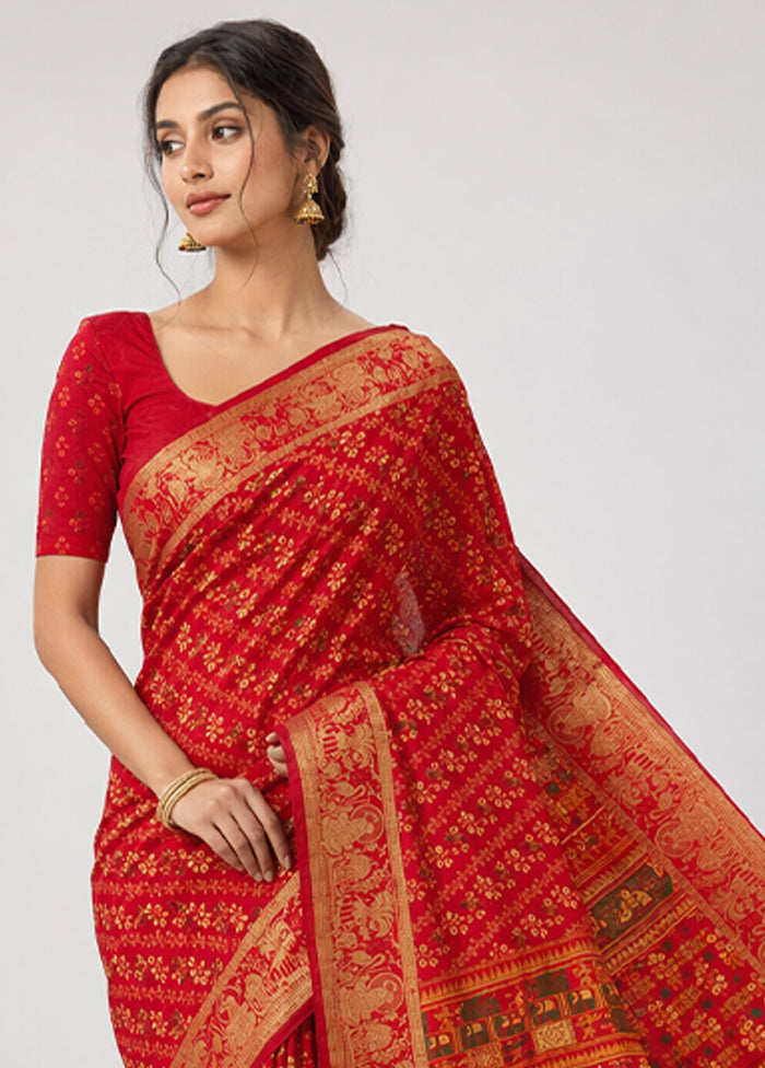 Red Printed Pure Silk Saree Without Blouse Piece