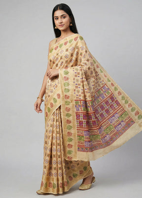 Cream Printed Silk Saree Without Blouse Piece