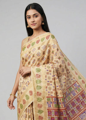 Cream Printed Silk Saree Without Blouse Piece