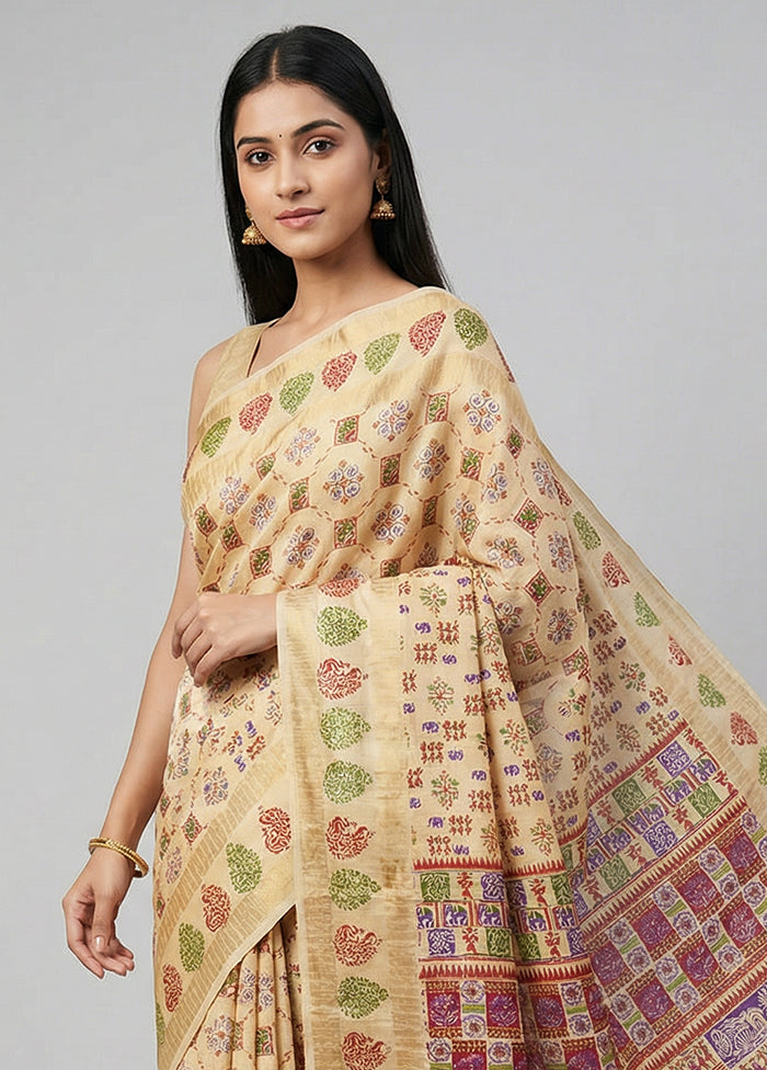 Cream Printed Silk Saree Without Blouse Piece