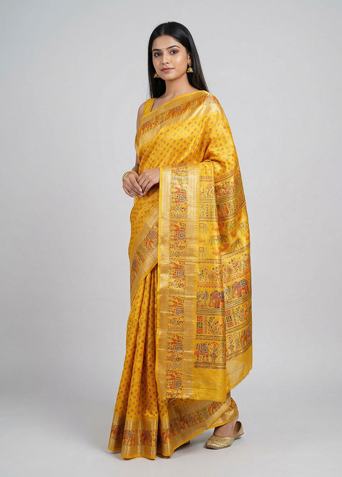 Yellow Printed Silk Saree Without Blouse Piece