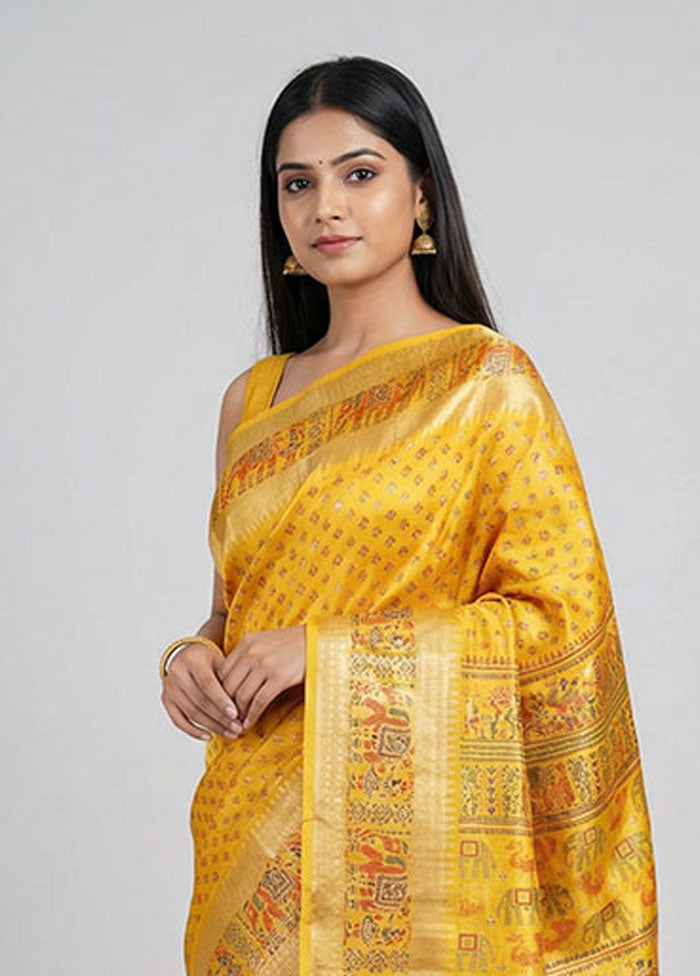 Yellow Printed Silk Saree Without Blouse Piece