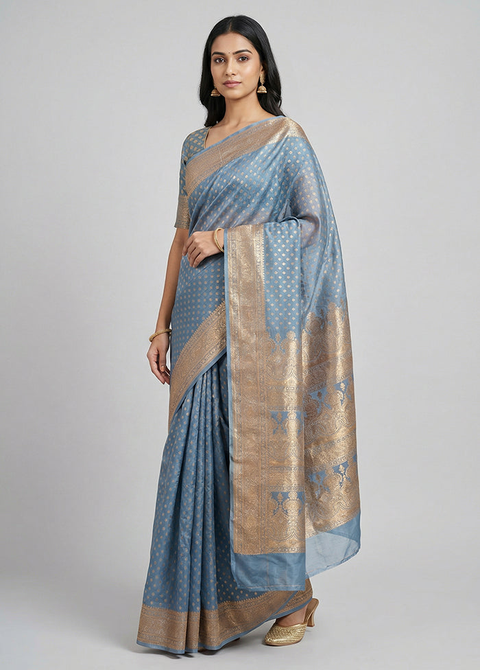 Blue Banarasi Silk Saree With Blouse Piece