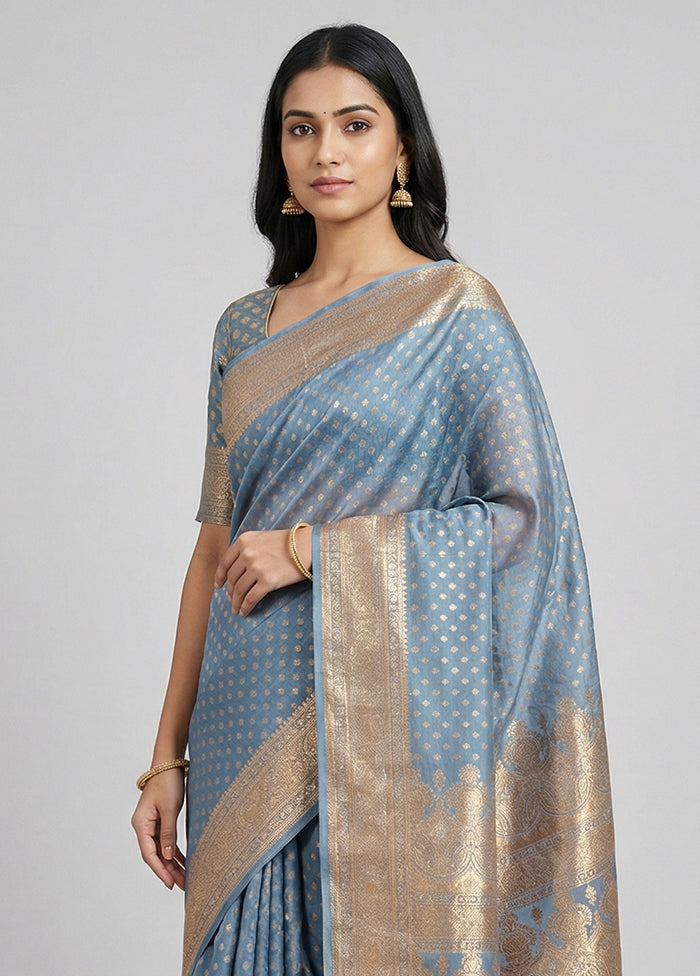 Blue Banarasi Silk Saree With Blouse Piece