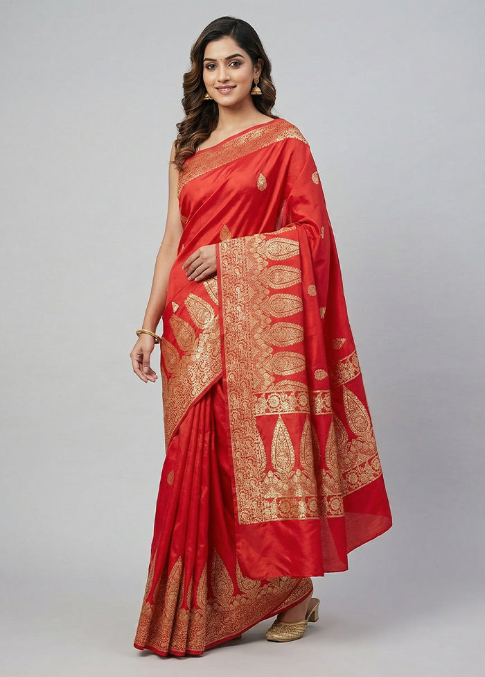 Red Banarasi Silk Saree With Blouse Piece