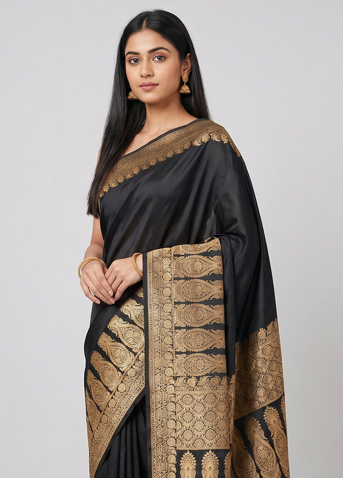 Black Banarasi Silk Saree With Blouse Piece