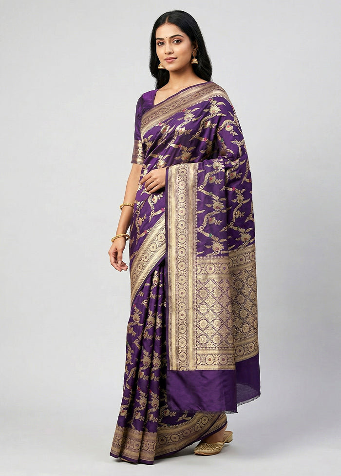 Purple Handloom Katan Pure Silk Saree With Blouse Piece