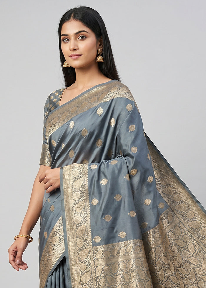 Grey Katan Silk Saree With Blouse Piece