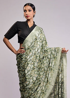 Green Printed Silk Saree With Blouse Piece