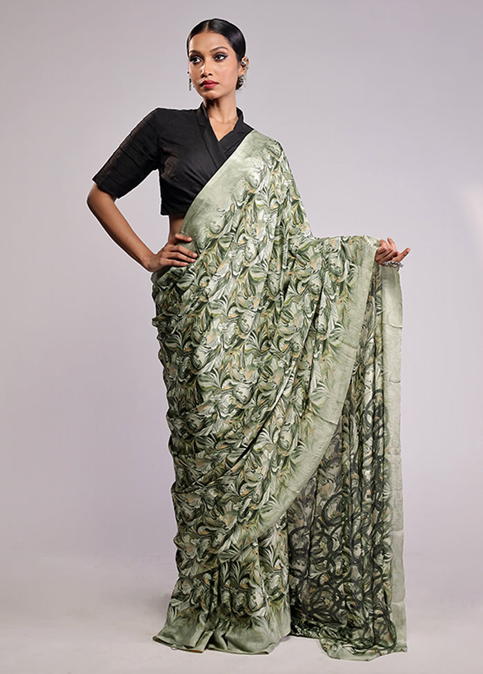 Green Printed Silk Saree With Blouse Piece