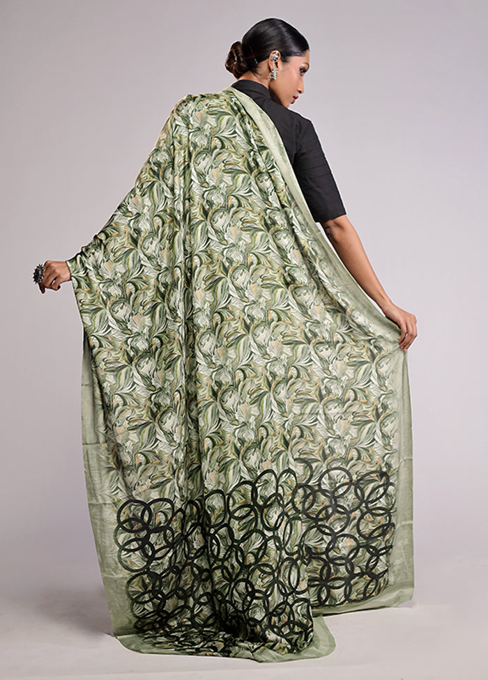 Green Printed Silk Saree With Blouse Piece
