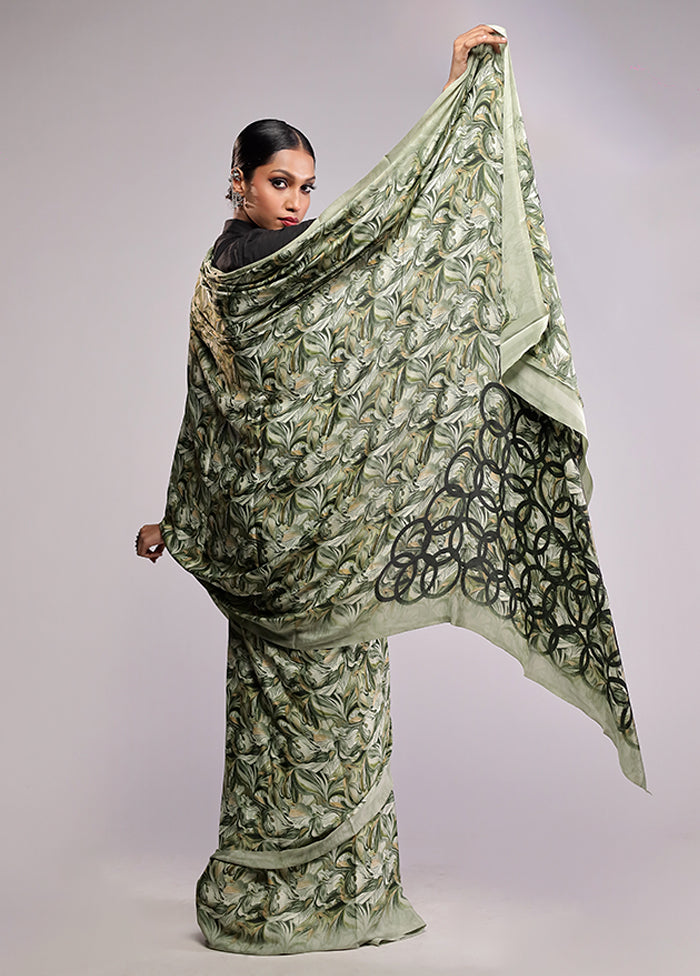 Green Printed Silk Saree With Blouse Piece