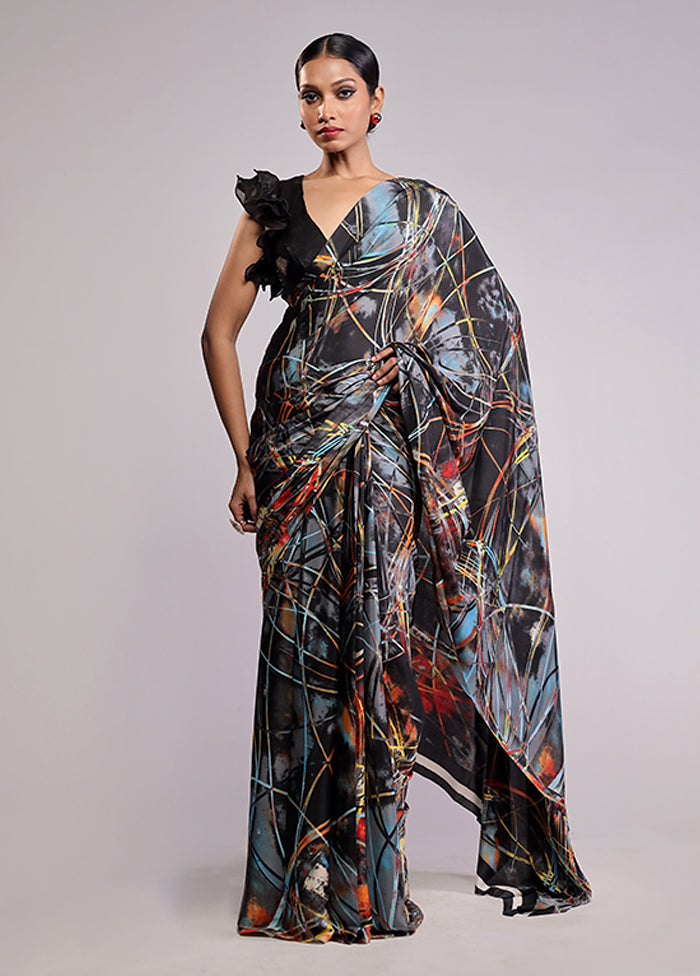 Black Printed Silk Saree With Blouse Piece