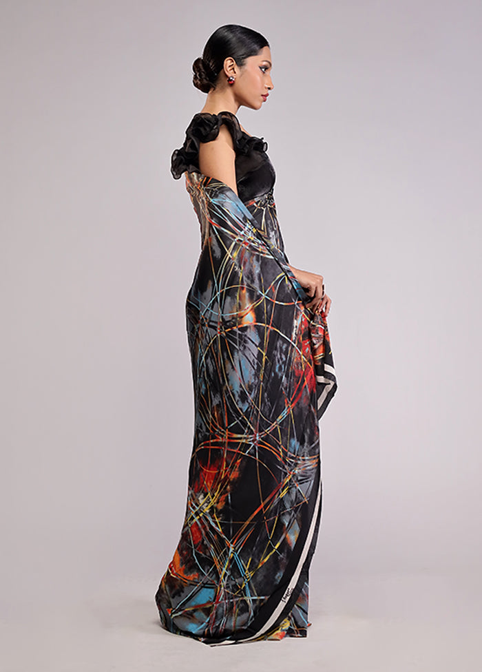 Black Printed Silk Saree With Blouse Piece
