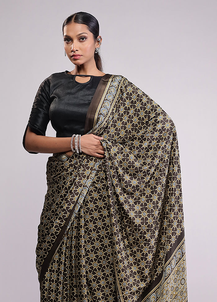 Brown Printed Silk Saree Without Blouse Piece