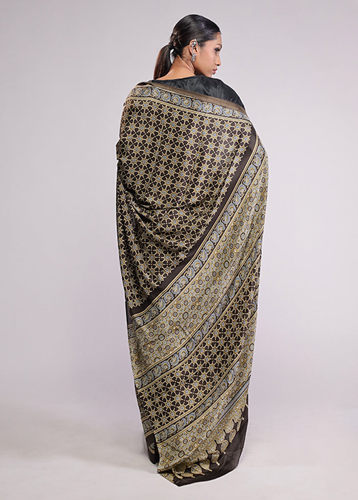 Brown Printed Silk Saree Without Blouse Piece