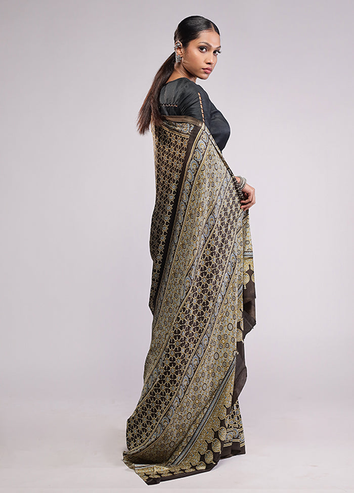 Brown Printed Silk Saree Without Blouse Piece
