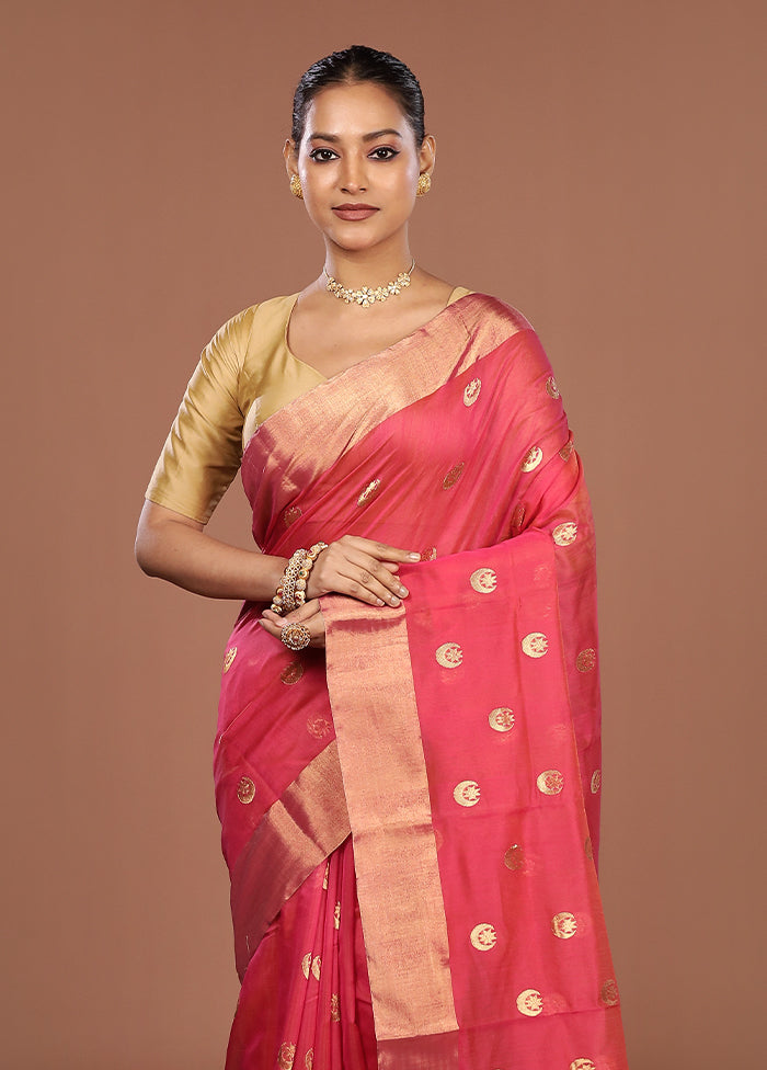 Pink Handloom Chanderi Pure Silk Saree With Blouse Piece
