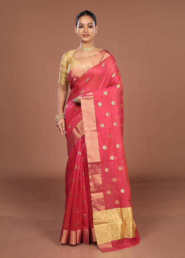 Pink Handloom Chanderi Pure Silk Saree With Blouse Piece