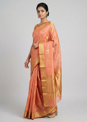 Peach Handloom Chanderi Pure Silk Saree With Blouse Piece