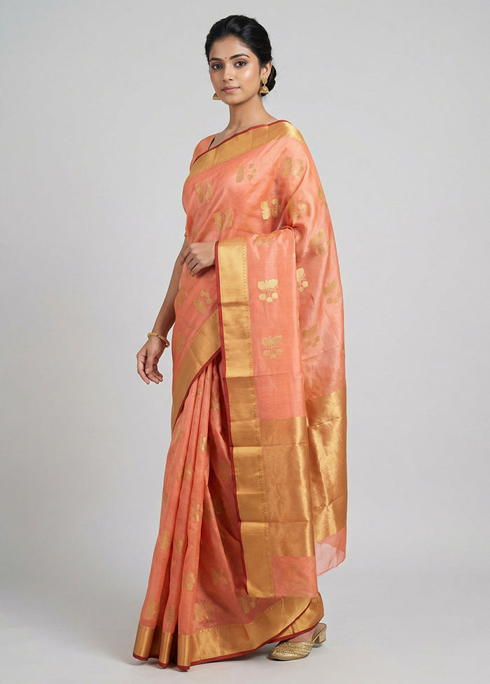 Peach Handloom Chanderi Pure Silk Saree With Blouse Piece
