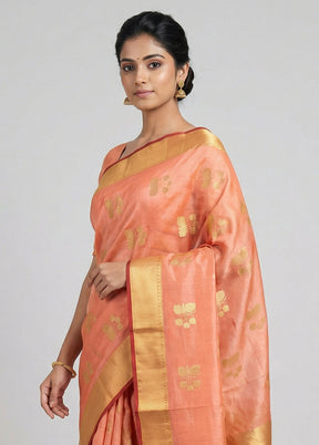 Peach Handloom Chanderi Pure Silk Saree With Blouse Piece