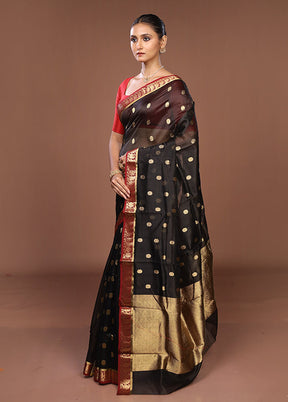 Black Handloom Chanderi Pure Silk Saree With Blouse Piece