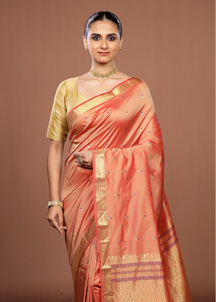 Peach Kanjivaram Silk Saree With Blouse Piece